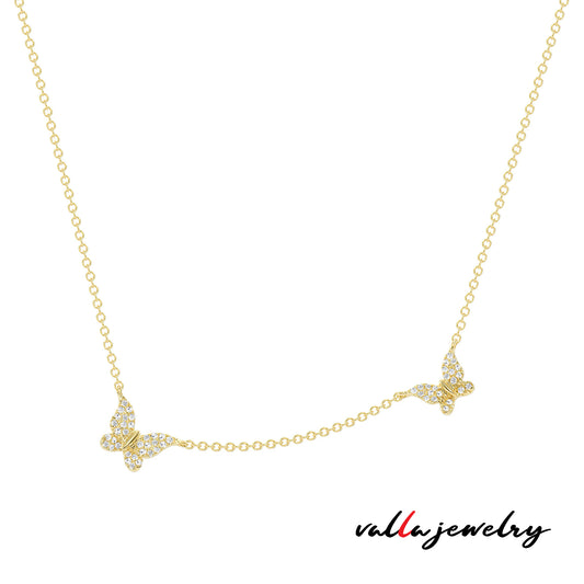 14k Yellow Gold With Diamonds Twin Butterfly Necklace V0218