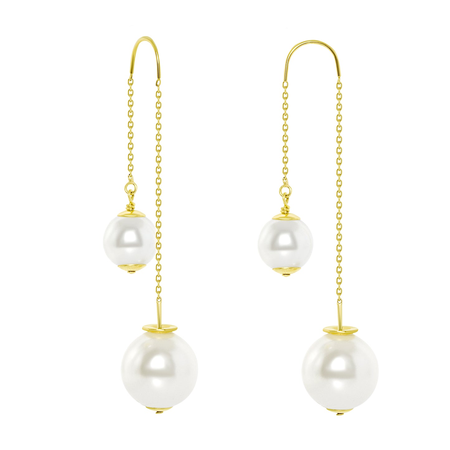 14k Yellow Gold Elegant 2 PEARLS YELLOW GOLD DANGLING EARRINGS