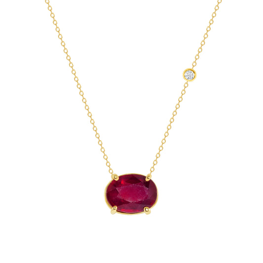 14k Classy Yellow Gold Oval Ruby Necklace With Diamond V0222