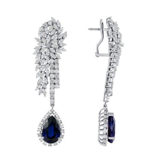 18k White Gold  Classy Blue Sapphire and  Diamond Earrings