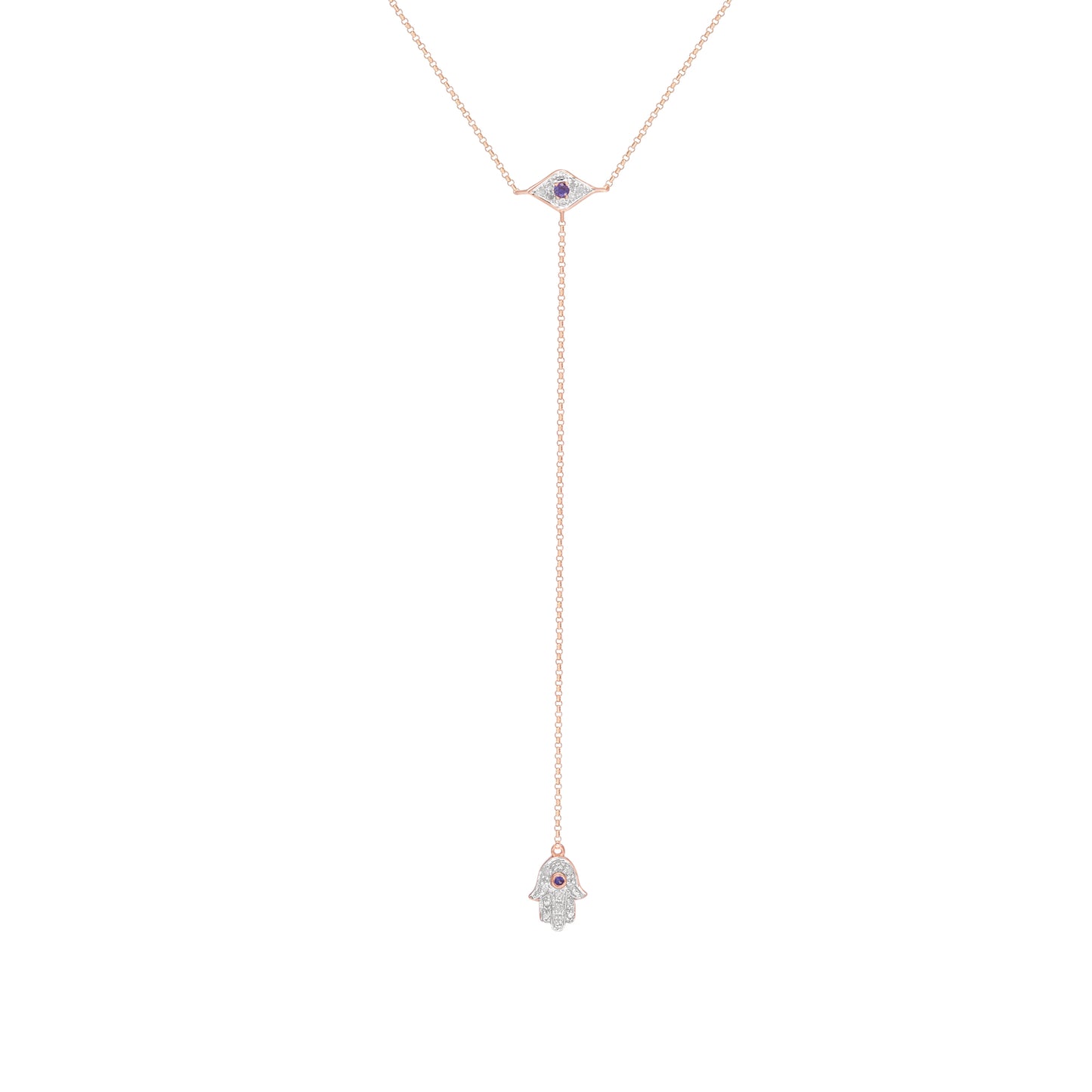 14K Unique Rose Gold Hamsa and Eye Necklace with Blue Sapphires and Round Diamonds V0207
