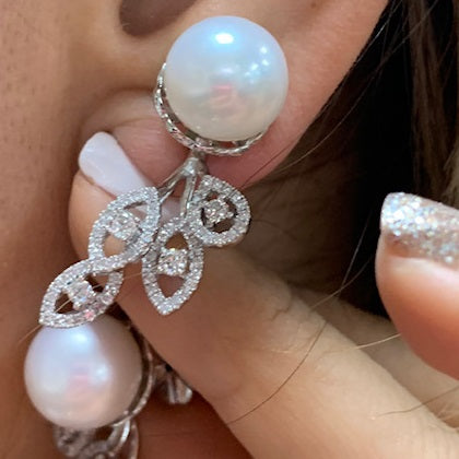 14k Unique White Pearl and Diamond Earrings