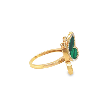 18K Yellow Gold Butterfly Diamond Ring With Malachite