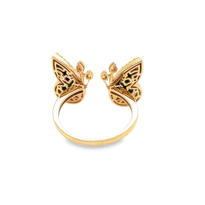 18K Yellow Gold Butterfly Diamond Ring With Malachite