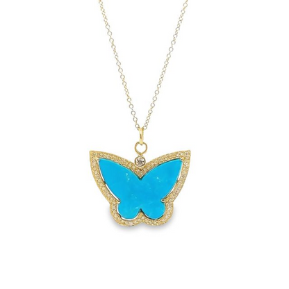 14K Yellow Gold Turquoise Butterfly Pendant With Diamond