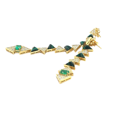 18K Yellow Gold Dangle Earring With Emerald And Malachite