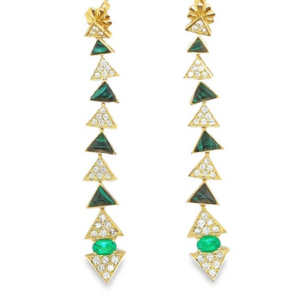 18K Yellow Gold Dangle Earring With Emerald And Malachite