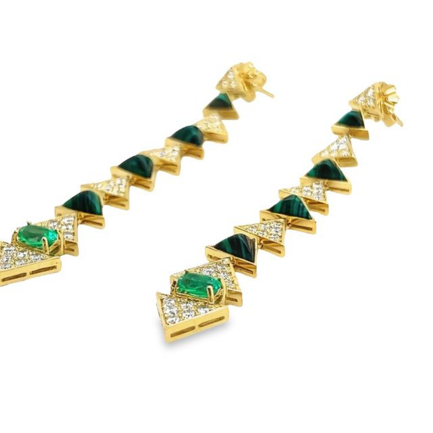 18K Yellow Gold Dangle Earring With Emerald And Malachite