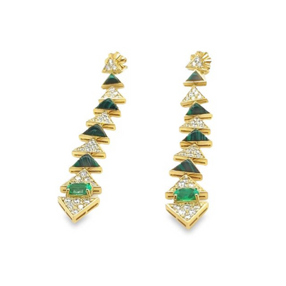 18K Yellow Gold Dangle Earring With Emerald And Malachite