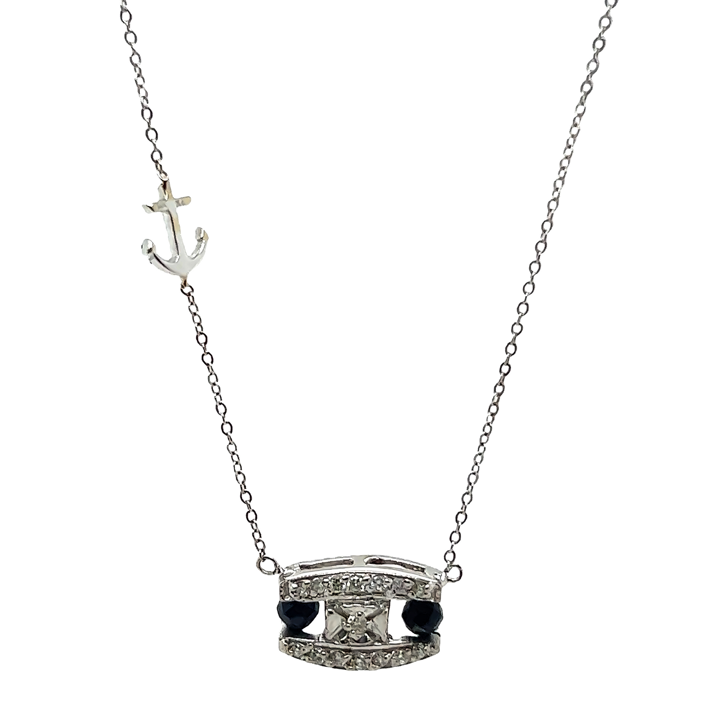 14k White Gold Diamond Pendant With Blue Sapphire Anchor
