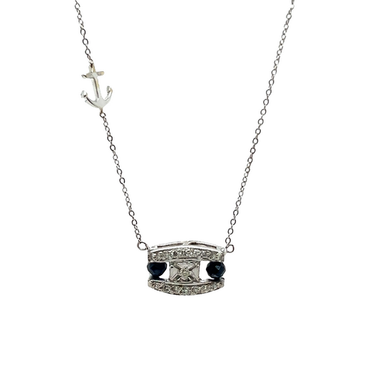 14k White Gold Diamond Pendant With Blue Sapphire Anchor