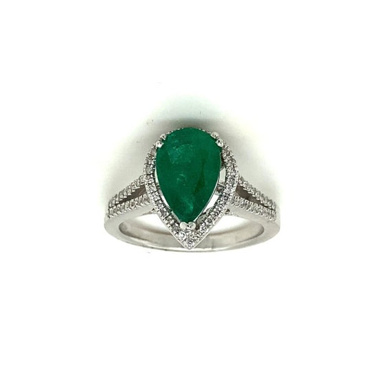 14k White Gold Diamond  Pear-Shaped Emerald and Diamond Frame Ring 2.58c