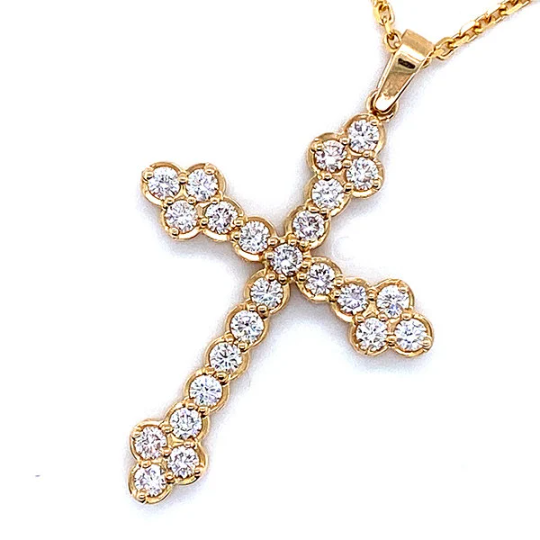 14K Yellow Gold Classic Cross Pendant Necklace With Natural Round Diamonds
