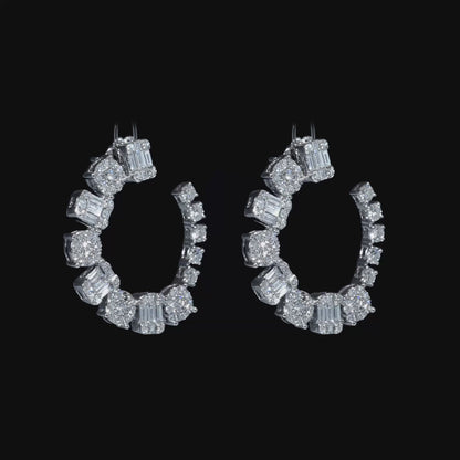18k White Gold Classy Baguettes and Round Diamond Earrings