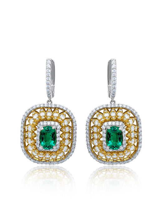 14k Two Tone Diamond Earring with Emerald V0330