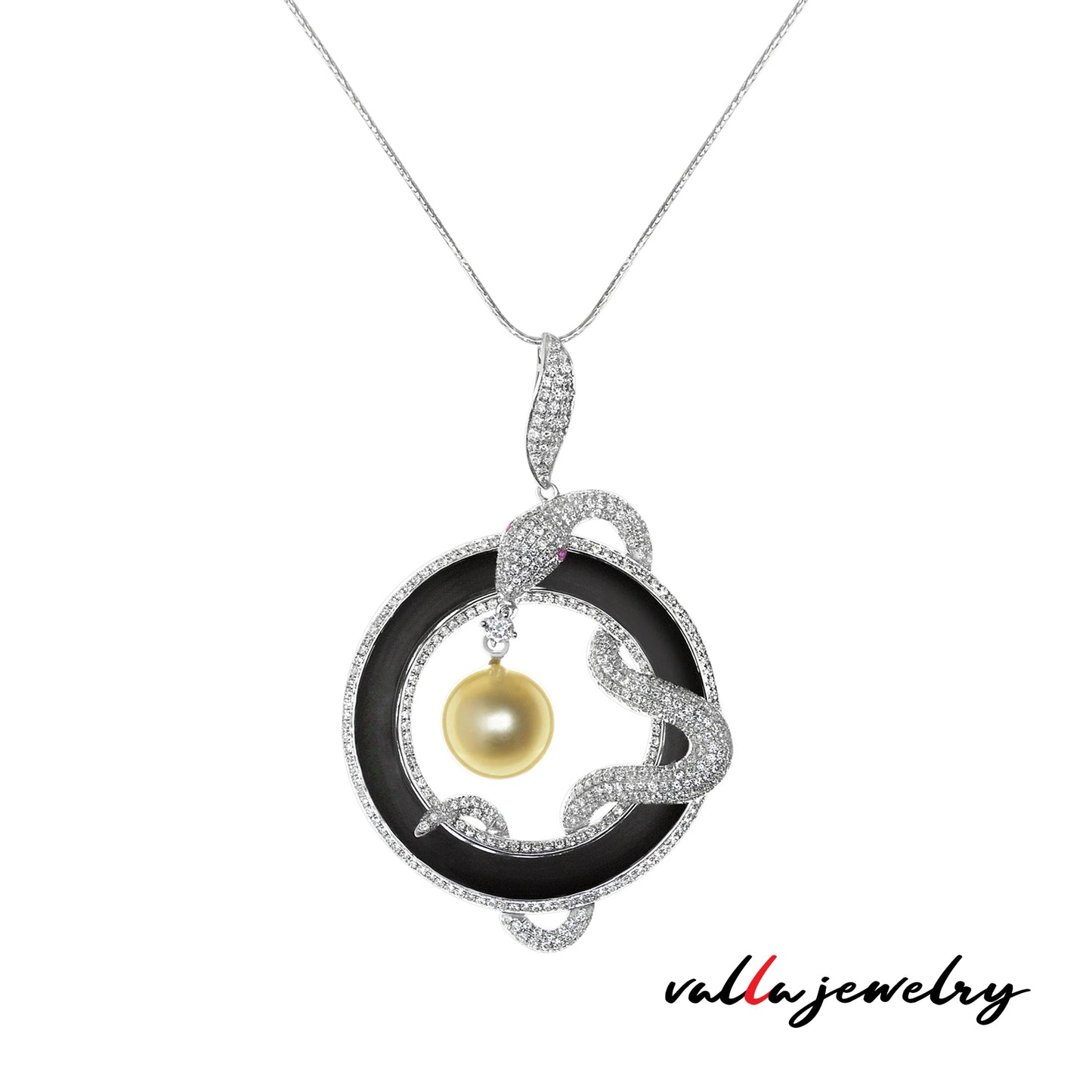18K Classy White Gold Snake Pendant with Onyx Pear and Diamonds V0147